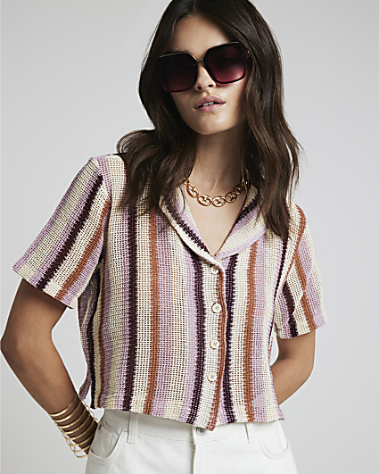 Pink crochet stripe polo shirt