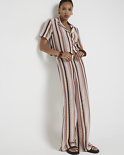 Pink crochet stripe wide leg trousers