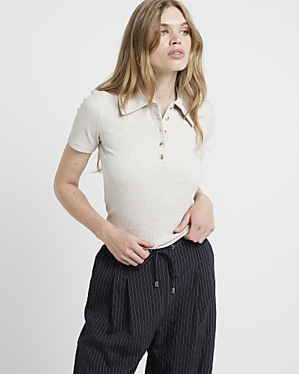 Beige collared ribbed top
