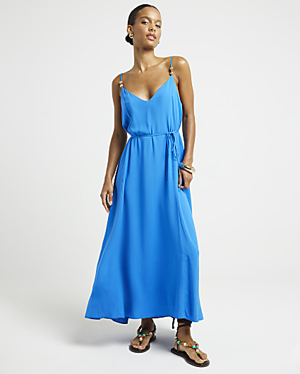 Blue beaded belted slip maxi dress