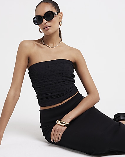 Black textured ruched tube top