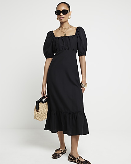 Black milkmaid midi swing dress