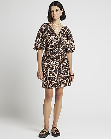 Brown leopard print belted swing mini dress