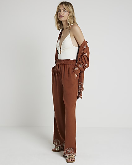 Rust linen blend broderie trousers