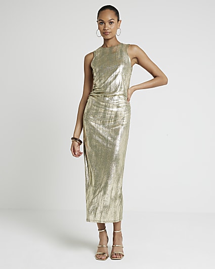 Gold foil bodycon midi dress