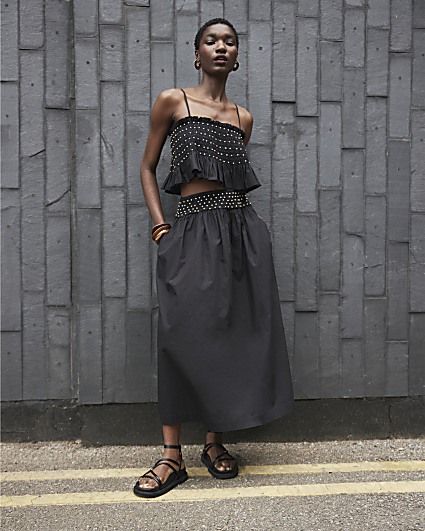 Black beaded poplin maxi skirt