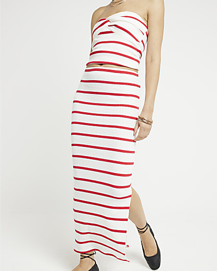 Red Ribbed Stripe Midi Skirt