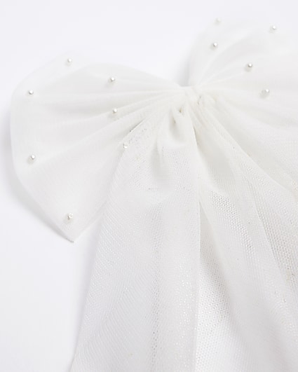 White pearl mesh hair bow