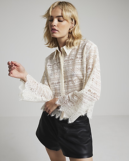 Cream lace cropped shirt