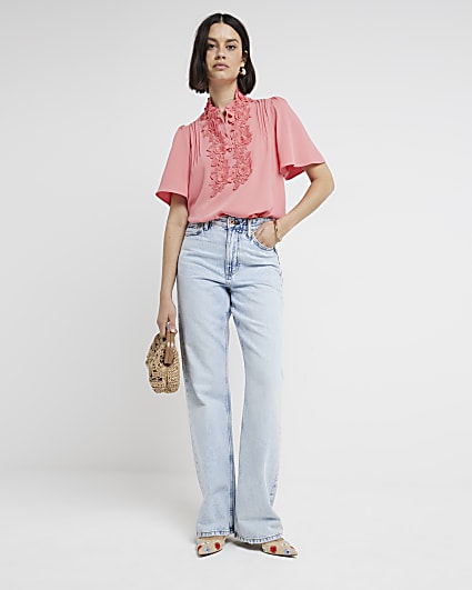 Coral  floral embroidery detail blouse