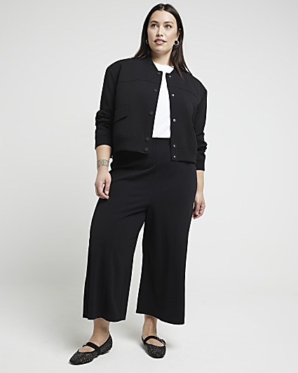 Plus black wide leg cropped trousers