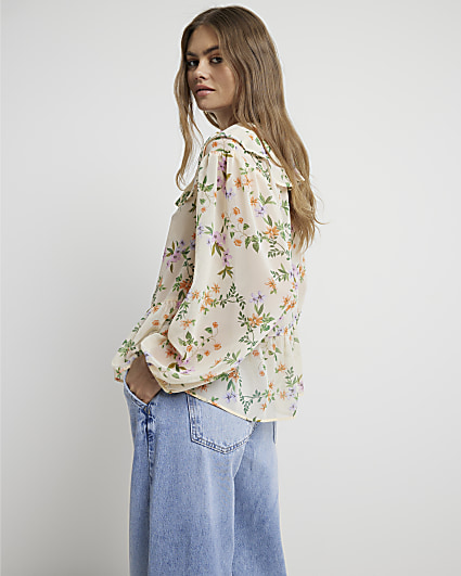 Cream floral frill tie front blouse