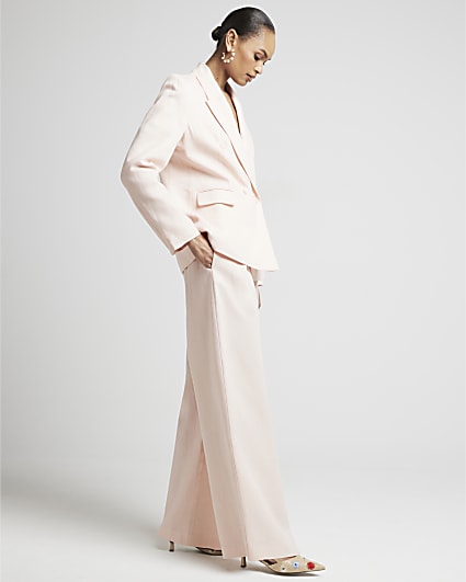 Pink Wide Leg Pleated Linen Blend Trousers