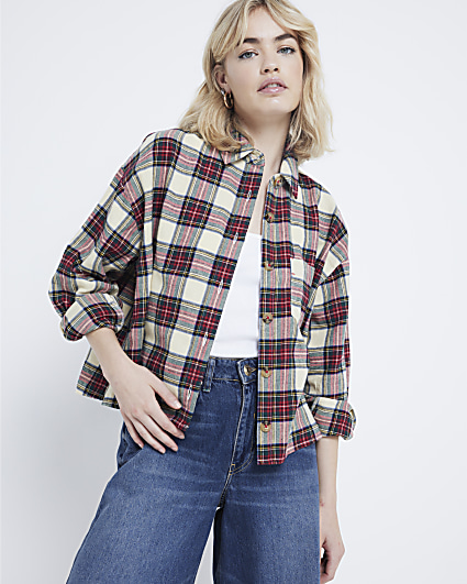 Red check cropped shirt