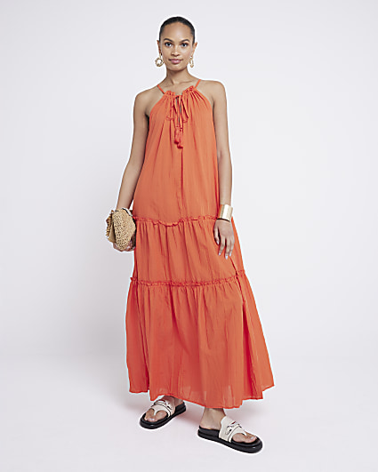 Red tiered smock maxi dress