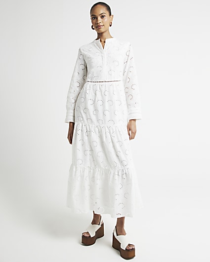 White Broderie Tiered Midi Shirt Dress