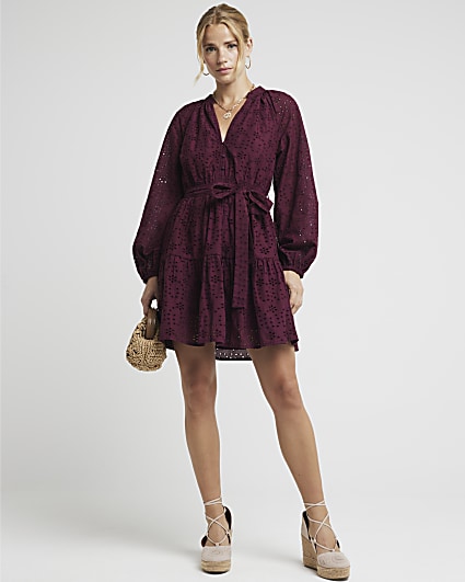 Red Broderie Belted Mini Shirt Dress
