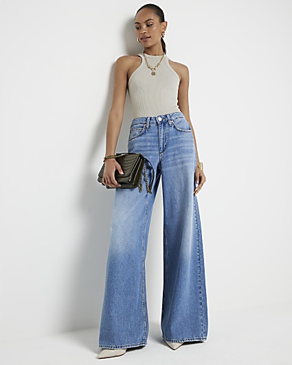 Blue mid rise elastic back palazzo jeans