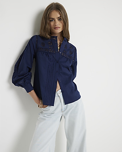 Navy pleated smock broderie blouse