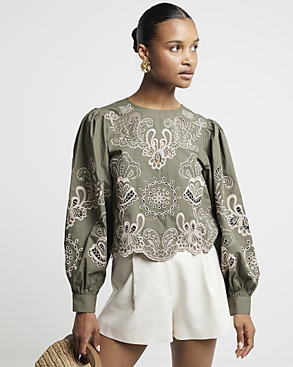 Khaki Floral Broderie Blouse