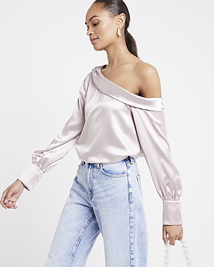 Beige Satin Off Shoulder Blouse