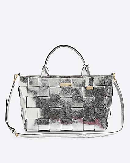 Silver Chunky Weave Tote Bag