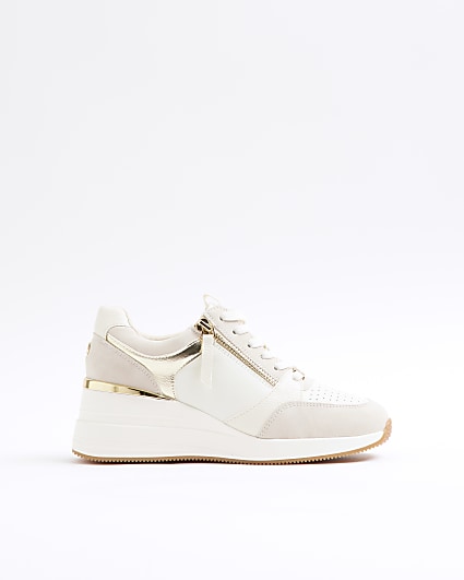 White faux leather Panel Zip Wedge Trainers