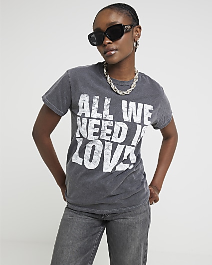 Grey All You Need Is Love Graphic T-shirt