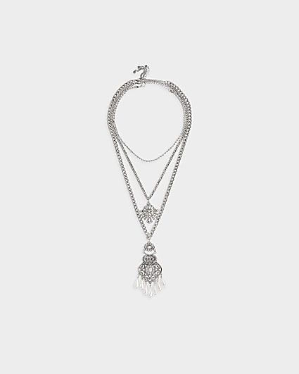 Silver pearl pendant multirow necklace