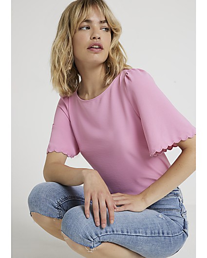 Pink Scallop Sleeve T-Shirt