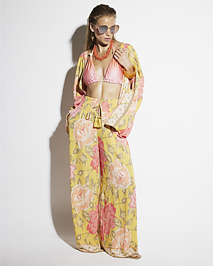Pink floral wide leg beach trousers