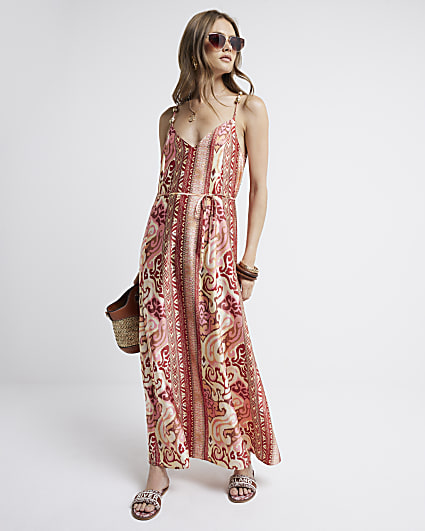 Rust abstract print belted swing maxi dress