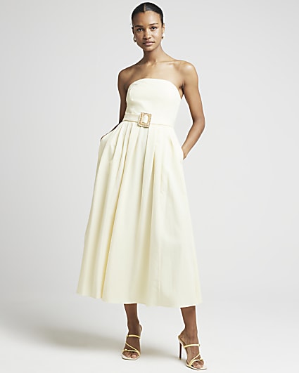 Yellow belted bandeau prom midi dress