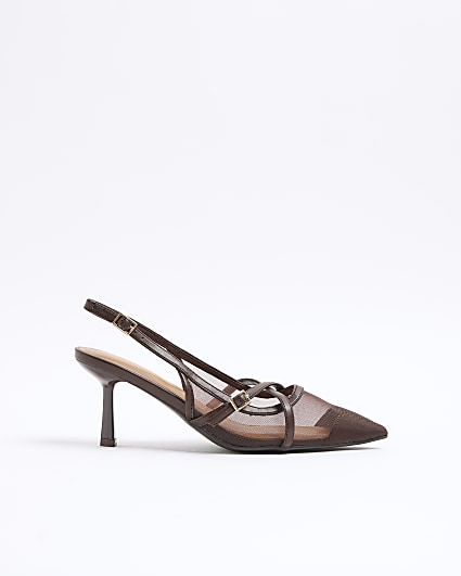 Brown Mesh Strappy Heeled Court Shoes