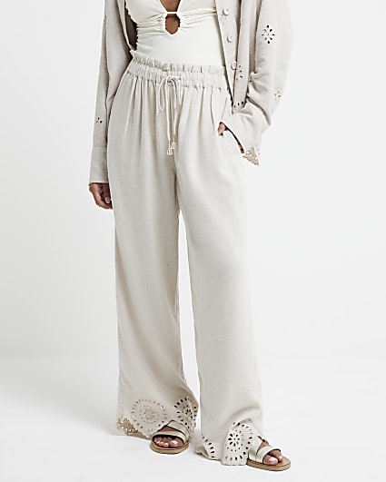 Petite Stone Linen Blend Broderie Trousers
