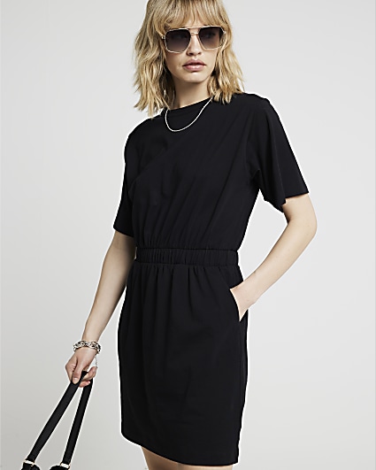 Black elasticated waist t-shirt mini dress