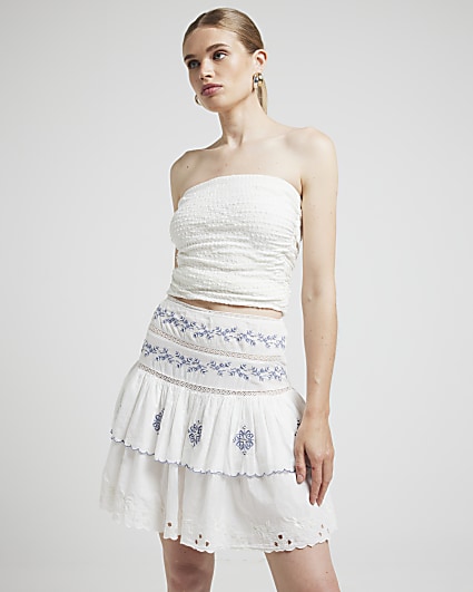 White Crochet Tiered Mini Skirt