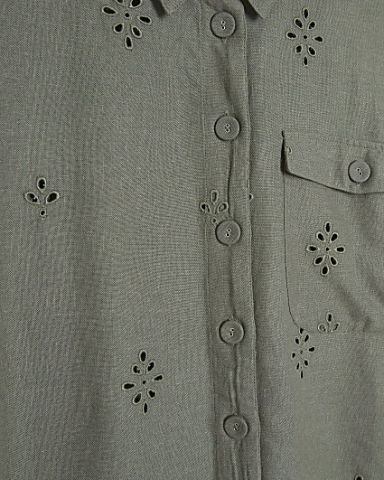 Plus Khaki Linen Blend Broderie Detail Shirt