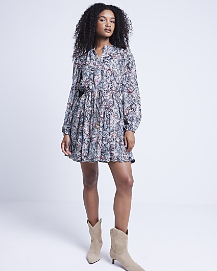 Beige paisley metallic smock mini dress