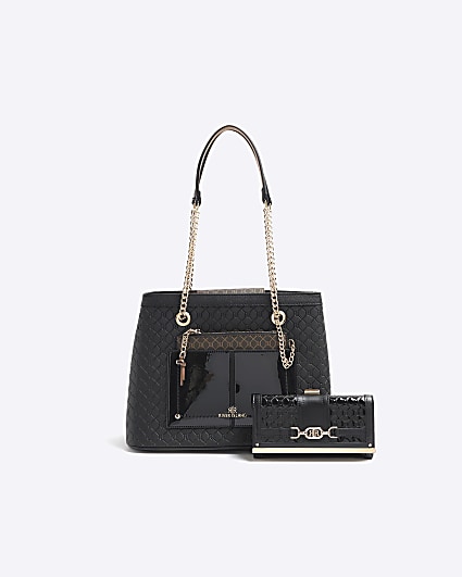 Black embossed monogram tote bag and purse