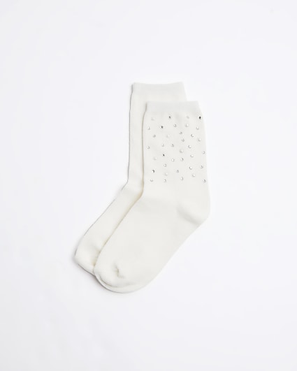 Cream pearl embellished socks