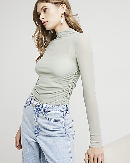 Green Mesh Ruched Long Sleeve Top