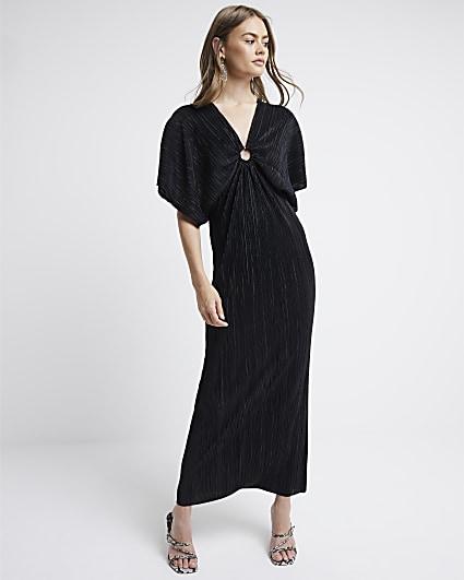 Black plisse batwing sleeve swing maxi dress