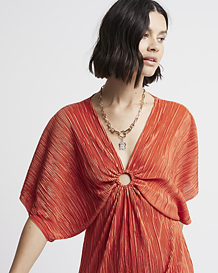 Orange plisse batwing sleeve swing maxi dress