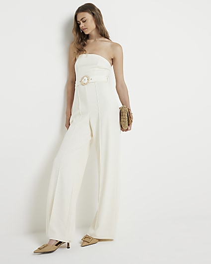 Cream Belted Bandeau Jumpsuit