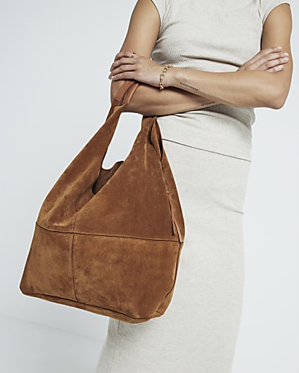 Brown panel suede slouch tote bag