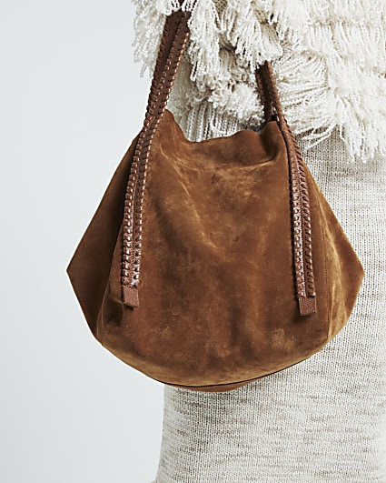 Brown whipstitch suede shopper bag