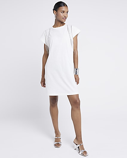 White fringe detail t-shirt mini dress
