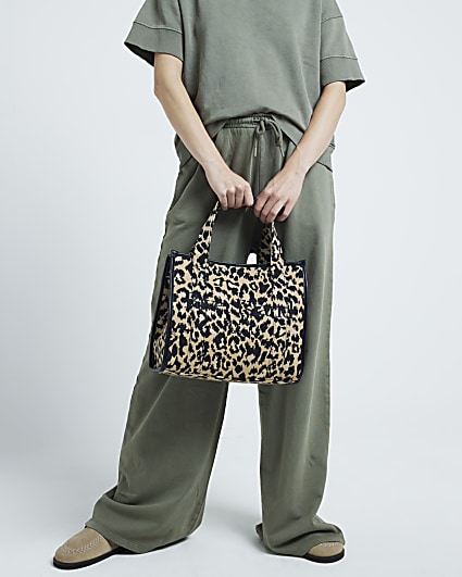 Beige jacquard leopard print tote bag