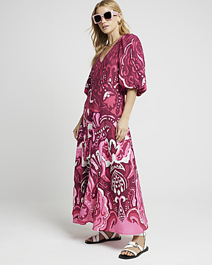 Pink abstract puff sleeve smock maxi dress